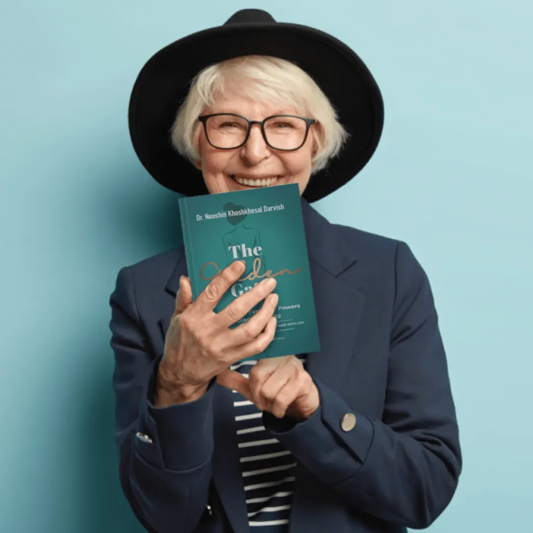 Joyful woman holding The Golden Gate book