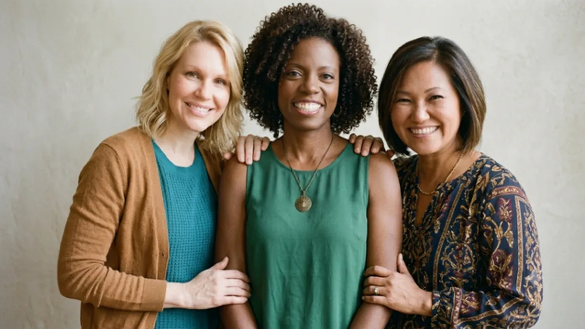 Three smiling women of different backgrounds standing together, representing individualized bioidentical hormone therapy for perimenopause